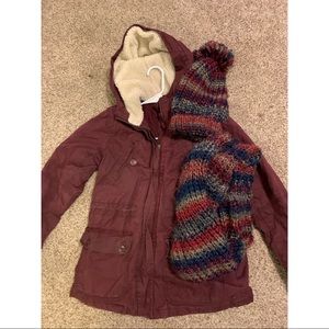 Winter coat, hat, and scarf combo
